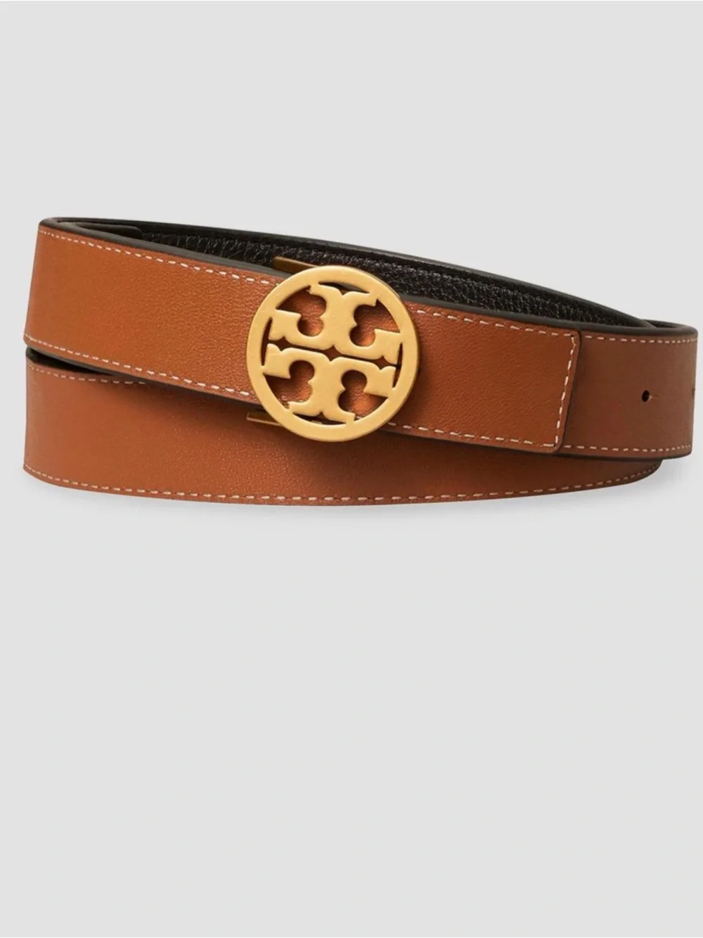 Tory Burch Miller Reversible Black/Brown Leather Belt with Gold Logo Medallion